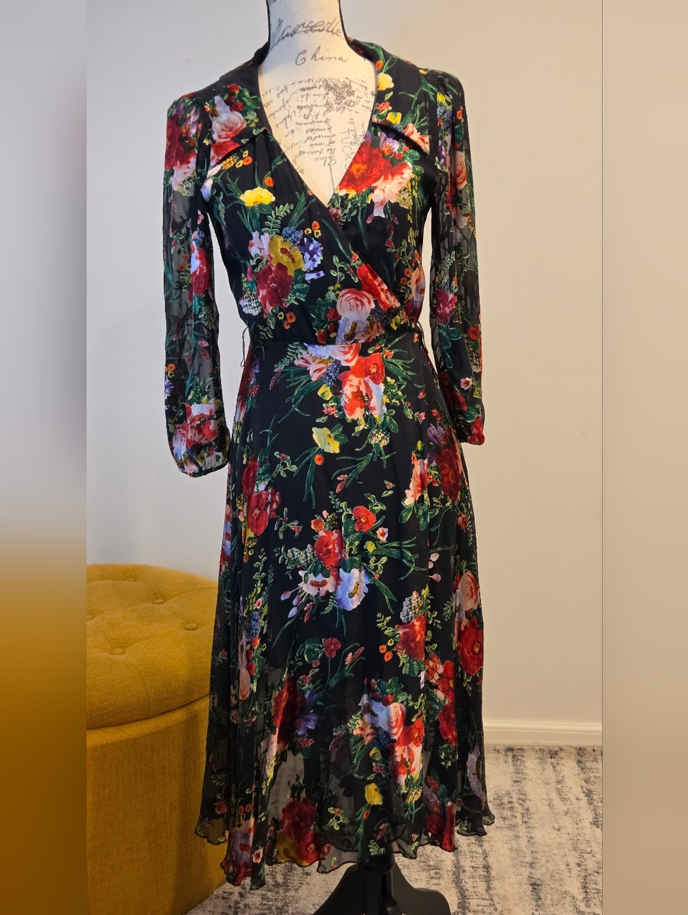 Alice + Olivia Black Floral Wrap Midi Dress with Red & Green Accents, Size 4. - Picture 3 of 16